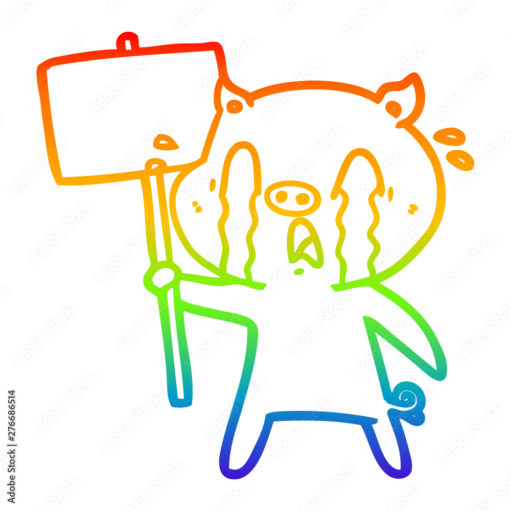 rainbow gradient line drawing crying pig cartoon with protest sign rainbow gradient line drawing crying pig cartoon with protest sign