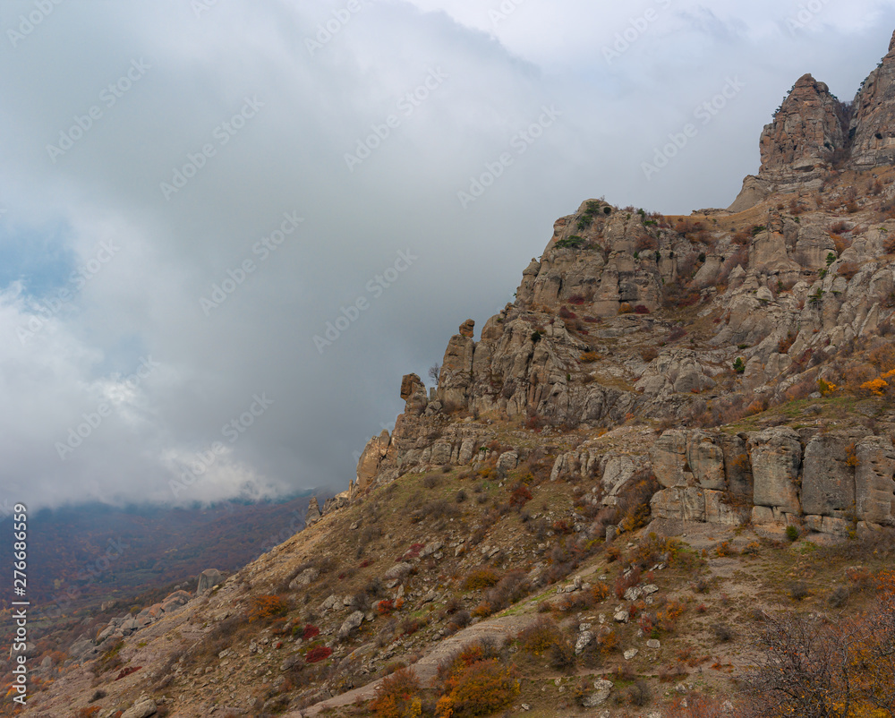 Autumnal gloomy landscape in Valley of Ghosts in Crimean peninsula