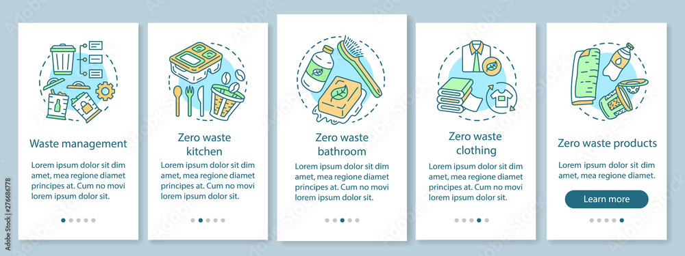 Zero waste lifestyle onboarding mobile app page screen with linear concepts. Waste management walkthrough five steps graphic instructions. UX, UI, GUI vector template with illustrations