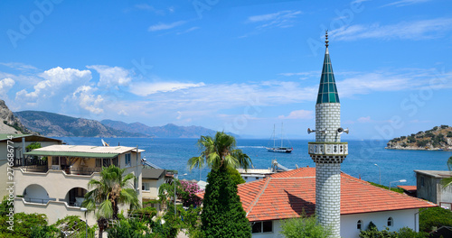 Fototapeta Naklejka Na Ścianę i Meble -  Sea landscape with minaret mosque in Turunc, Turunch Marmaris Mugla