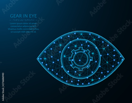 Gear in the eye low poly design, settings or mechanism in a polygonal style, vector view viewing on a blue background.