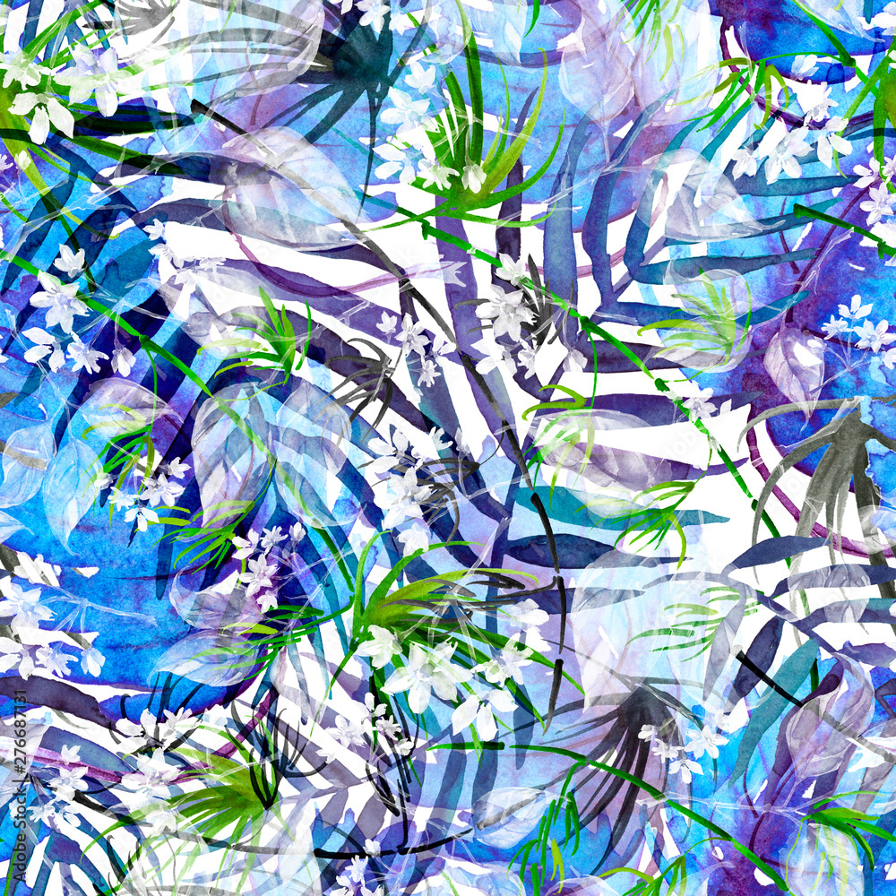 Watercolor Tropical leaves. leaves of a tree, palms, bamboo, branch,fern, flower, abstract splash. Watercolor abstract seamless background, pattern, spot, splash of paint, blot, divorce, color. Tropic