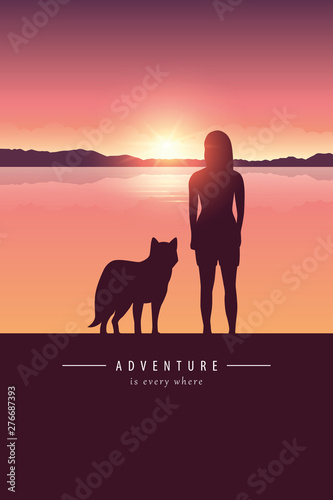 girl and dog silhouette by the lake with mountain landscape at sunset adventure design vector illustration EPS10