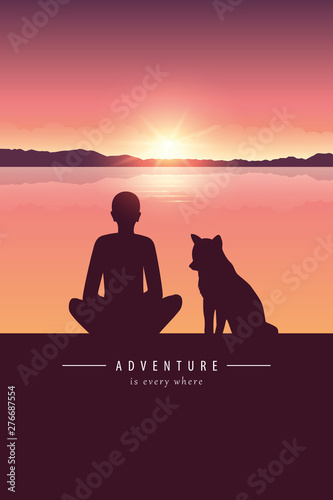 man and dog silhouette by the lake with mountain landscape at sunset adventure design vector illustration EPS10