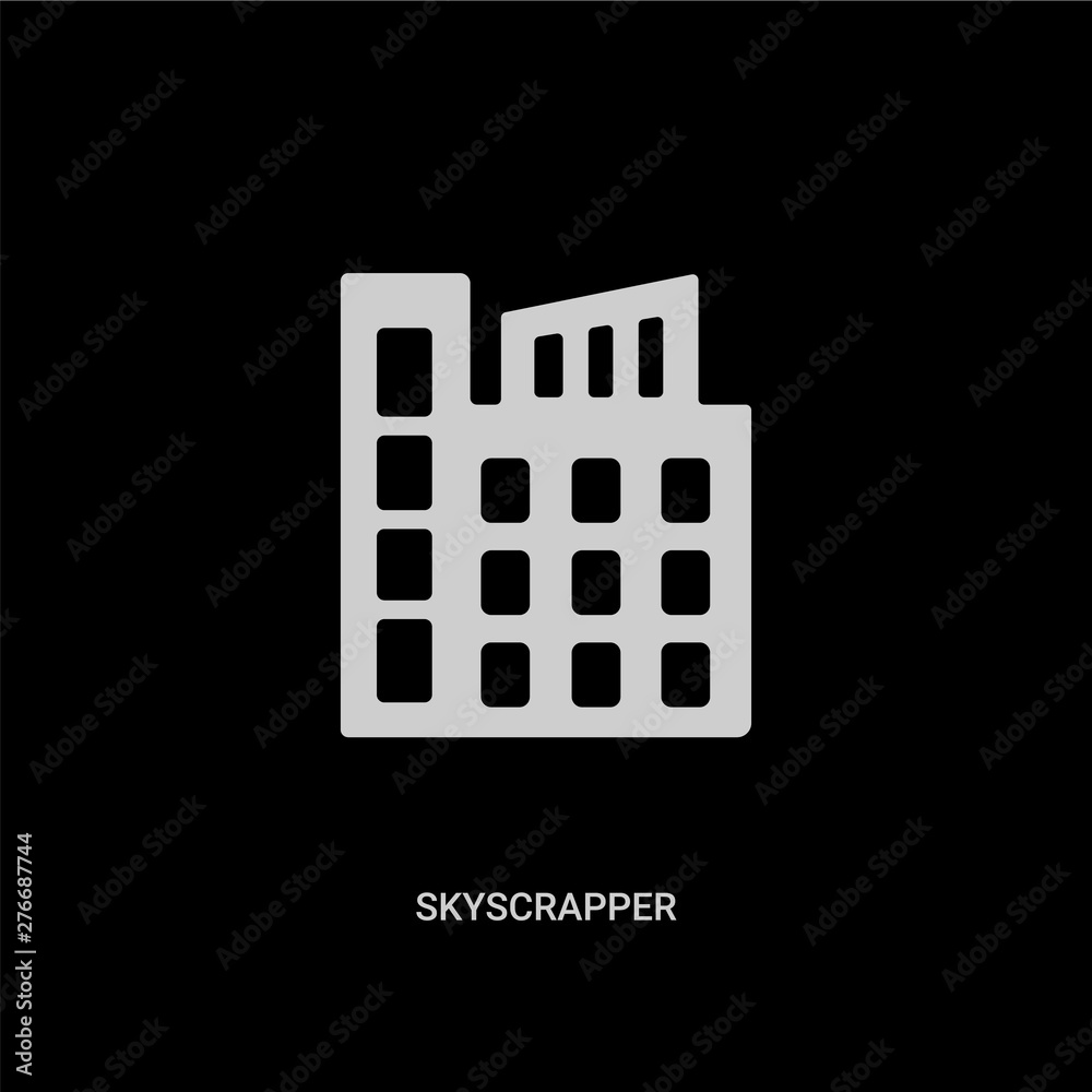 white skyscrapper vector icon on black background. modern flat skyscrapper from city elements concept vector sign symbol can be use for web, mobile and logo. white skyscrapper vector icon on black background. modern flat skyscrapper from city elements concept vector sign symbol can be use for web, mobile and logo.