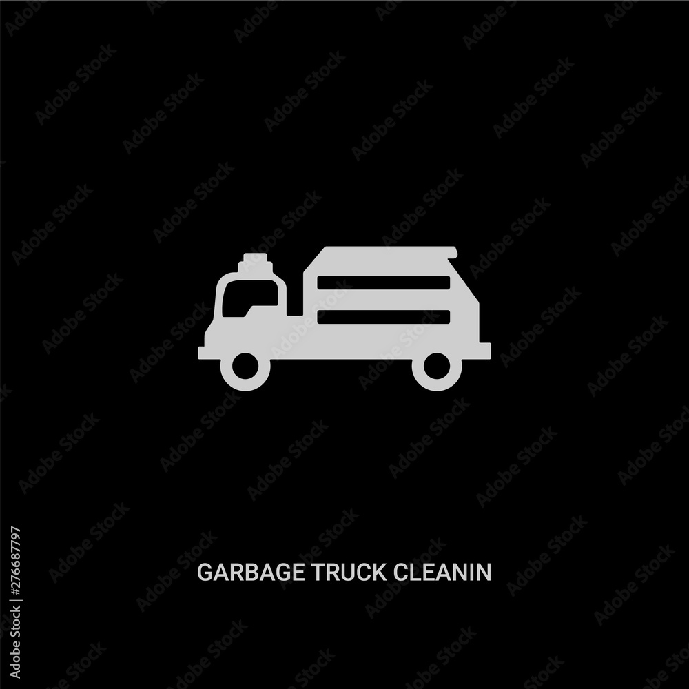 white garbage truck cleanin vector icon on black background. modern flat garbage truck cleanin from cleaning concept vector sign symbol can be use for web, mobile and logo. white garbage truck cleanin vector icon on black background. modern flat garbage truck cleanin from cleaning concept vector sign symbol can be use for web, mobile and logo.