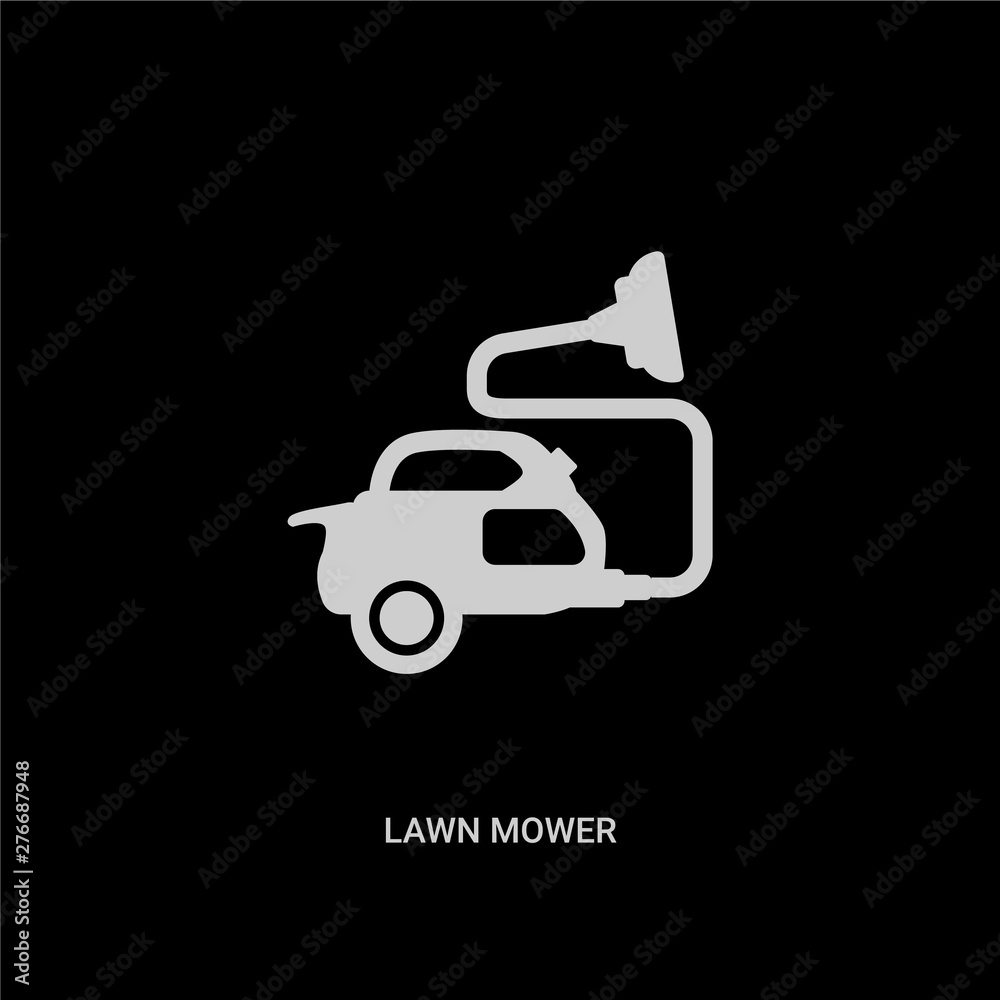 white lawn mower vector icon on black background. modern flat lawn mower from cleaning concept vector sign symbol can be use for web, mobile and logo. white lawn mower vector icon on black background. modern flat lawn mower from cleaning concept vector sign symbol can be use for web, mobile and logo.