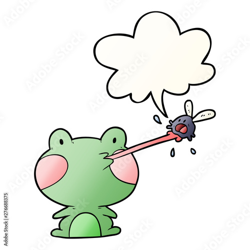 cute cartoon frog catching fly and tongue and speech bubble in smooth gradient style