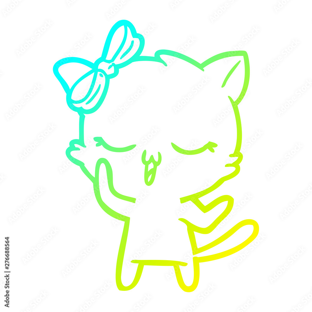 cold gradient line drawing cartoon cat with bow on head