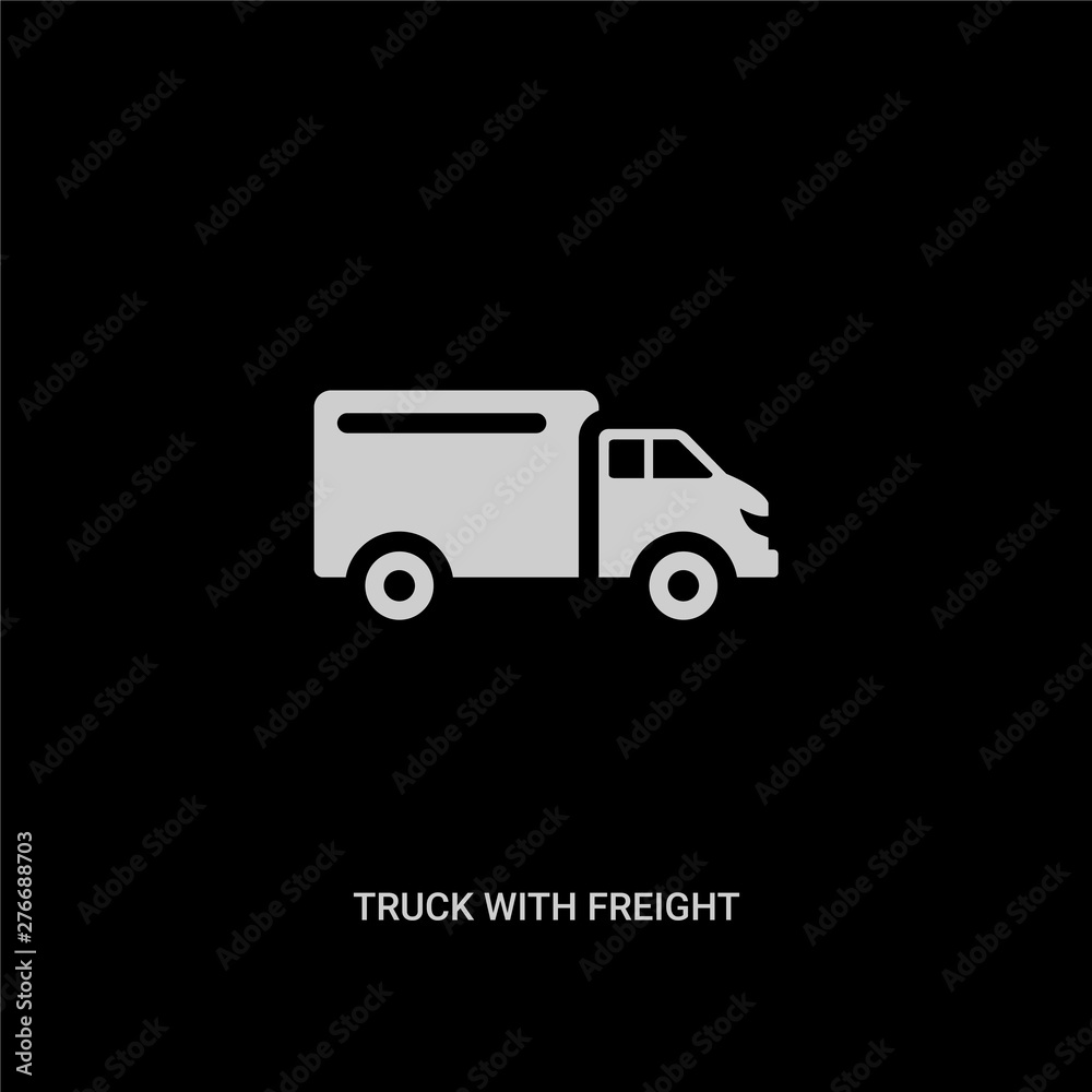 white truck with freight vector icon on black background. modern flat truck with freight from construction concept vector sign symbol can be use for web, mobile and logo. white truck with freight vector icon on black background. modern flat truck with freight from construction concept vector sign symbol can be use for web, mobile and logo.