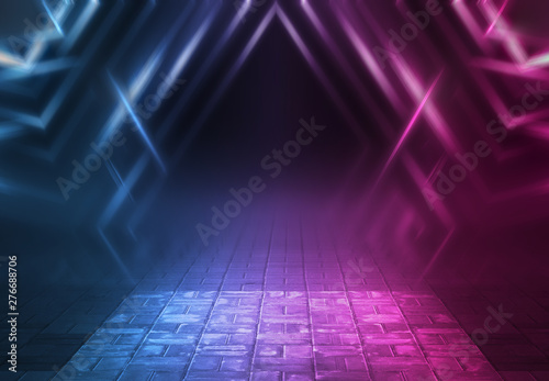 Empty background scene. Dark street reflection on wet asphalt. Rays of neon light in the dark, neon figures, smoke. Background of empty stage show. Abstract dark background.