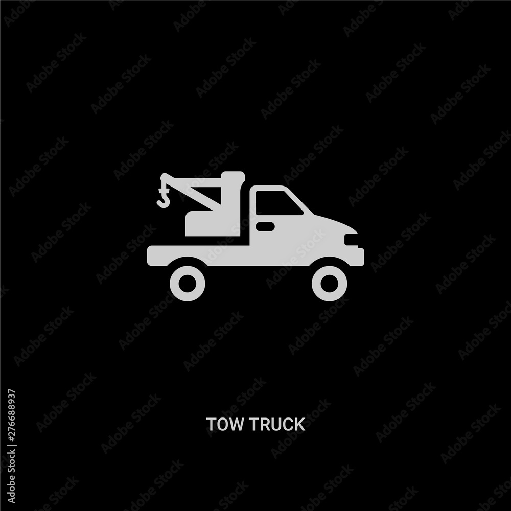 white tow truck vector icon on black background. modern flat tow truck from construction concept vector sign symbol can be use for web, mobile and logo. white tow truck vector icon on black background. modern flat tow truck from construction concept vector sign symbol can be use for web, mobile and logo.