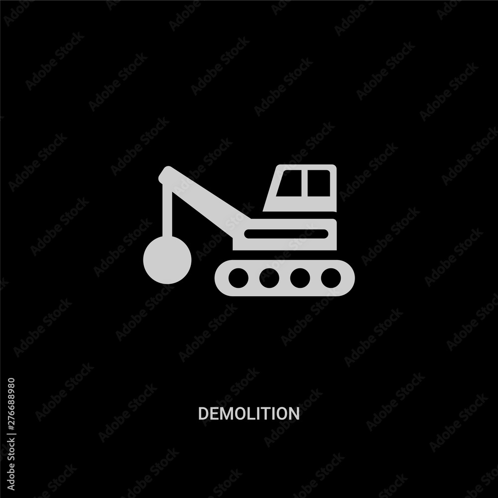 white demolition vector icon on black background. modern flat demolition from construction concept vector sign symbol can be use for web, mobile and logo.