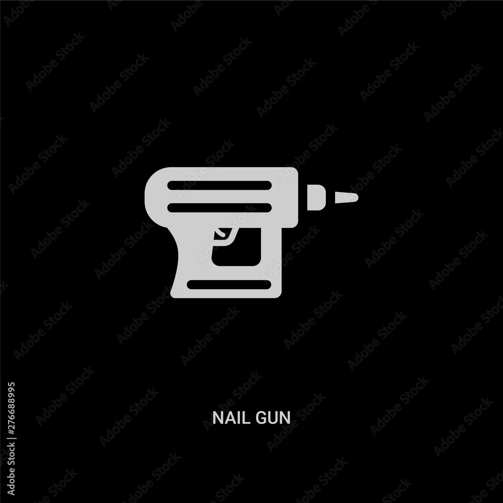 white nail gun vector icon on black background. modern flat nail gun from construction concept vector sign symbol can be use for web, mobile and logo. white nail gun vector icon on black background. modern flat nail gun from construction concept vector sign symbol can be use for web, mobile and logo.