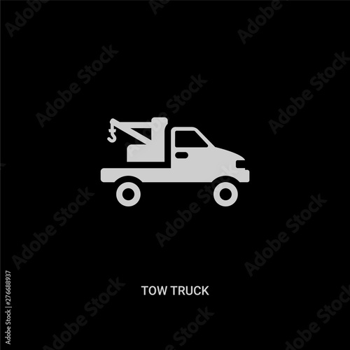 white tow truck vector icon on black background. modern flat tow truck from construction concept vector sign symbol can be use for web, mobile and logo.