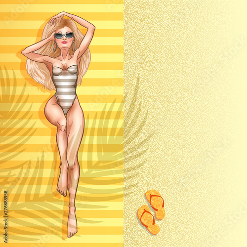 Young beautiful blonde woman relaxing by the sea in swimsuit. Beach girl, bikini, summer holidays. Glamour model. Vector comic illustration