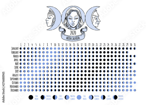 Moon calendar, 2020 year, lunar phases, cycles. Design illustrated with Triple Goddess symbol: Maiden, Mother and Crone. Vector illustration