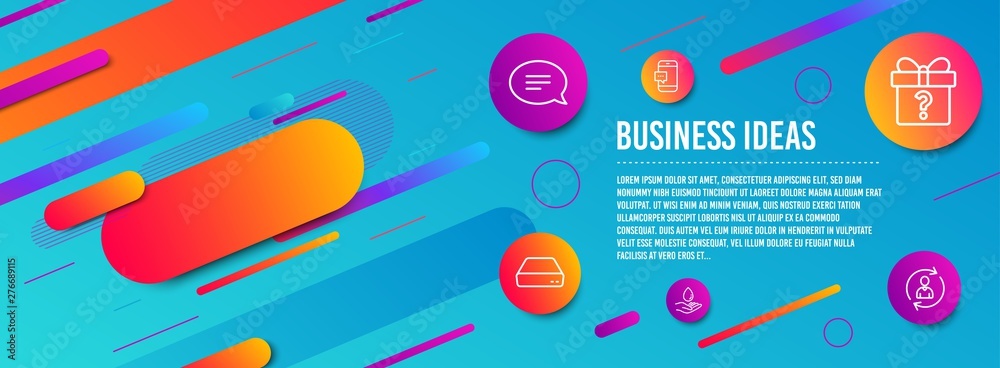 Header banner. Chat, Water care and Secret gift icons simple set. Smartphone message, Mini pc and Person info signs. Speech bubble, Aqua drop. Business set. Line chat icon. Gradient elements. Vector Header banner. Chat, Water care and Secret gift icons simple set. Smartphone message, Mini pc and Person info signs. Speech bubble, Aqua drop. Business set. Line chat icon. Gradient elements. Vector