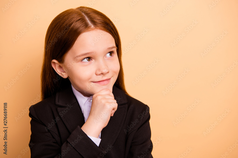 Close-up portrait of her she nice attractive lovely dreamy cheerful cheery sweet pre-teen girl wearing formal wear science knowledge learning isolated over beige pastel background Close-up portrait of her she nice attractive lovely dreamy cheerful cheery sweet pre-teen girl wearing formal wear science knowledge learning isolated over beige pastel background