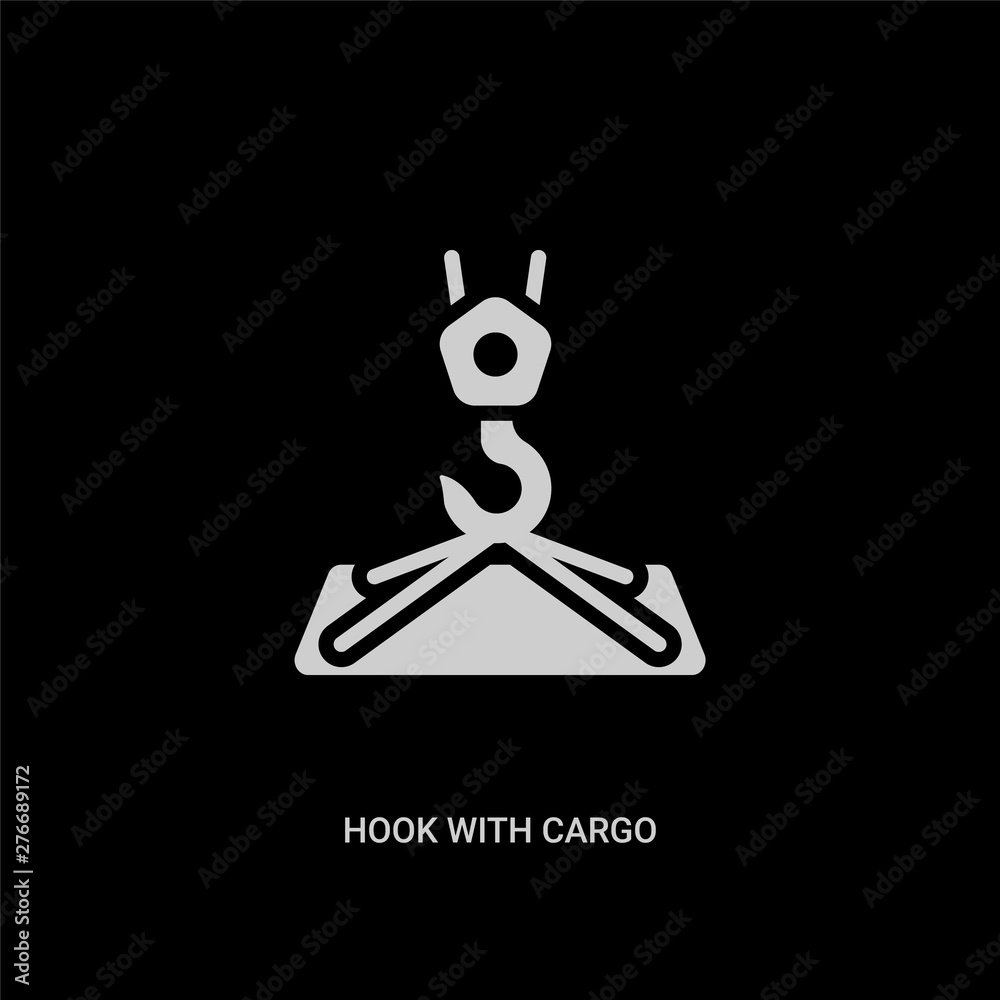 white hook with cargo vector icon on black background. modern flat hook with cargo from construction tools concept vector sign symbol can be use for web, mobile and logo.