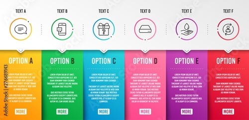 Chat, Water care and Secret gift icons simple set. Smartphone message, Mini pc and Person info signs. Speech bubble, Aqua drop. Business set. Infographic template. 6 steps timeline. Business options