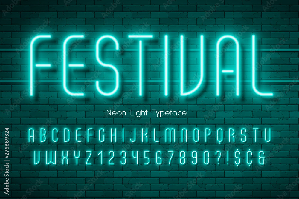 Neon light 3d alphabet, extra glowing font.