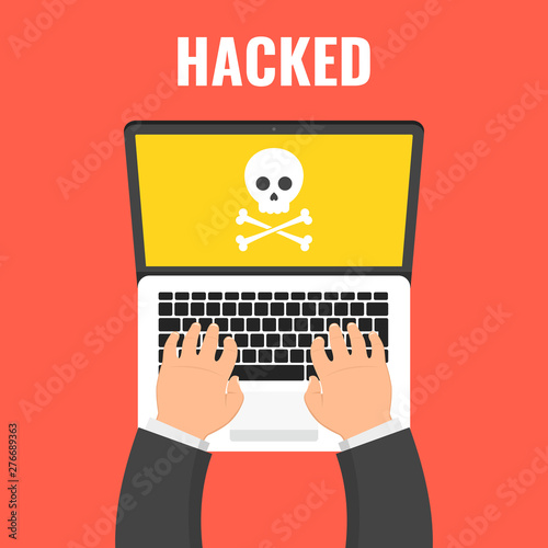 Laptop with skull on the screen. Concept of virus, piracy, hacking and security. Vector illustration.