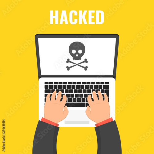 Laptop with skull on the screen. Concept of virus, piracy, hacking and security. Vector illustration.
