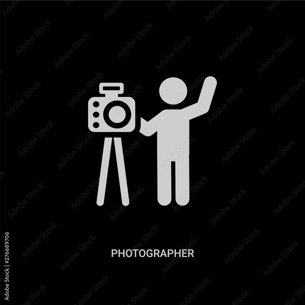 white photographer vector icon on black background. modern flat photographer from people skills concept vector sign symbol can be use for web, mobile and logo. white photographer vector icon on black background. modern flat photographer from people skills concept vector sign symbol can be use for web, mobile and logo.