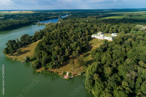 Aerial summer view of Kachanivka (Kachanovka) nature reserve and Tarnovsky palace in Chernihiv region, Ukraine