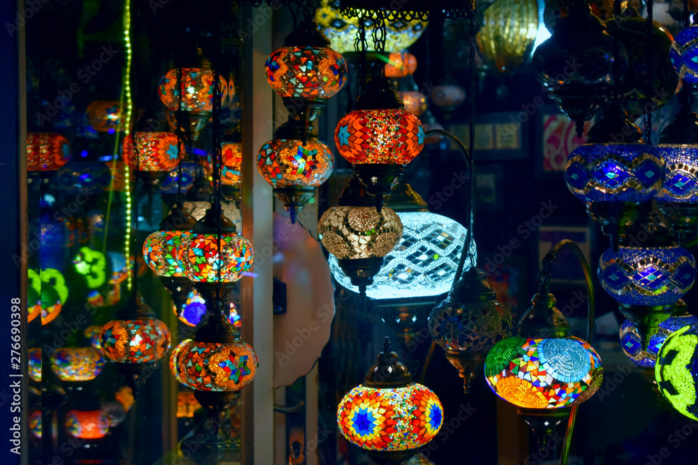 lamps made of glass with traditional ornament on oriental bazaar, Turkey, Istanbul