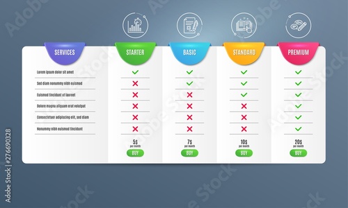 Report timer, Technical documentation and Reject file icons simple set. Comparison table. Keywords sign. Growth chart, Manual, Decline agreement. Pencil with key. Business set. Pricing plan. Vector
