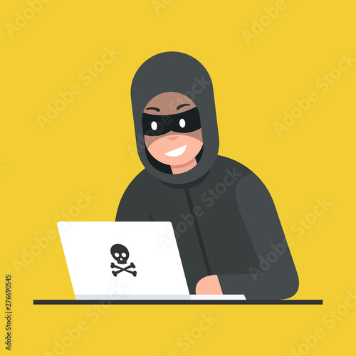 Hacker thief with laptop. Cyber attack. Vector illustration.