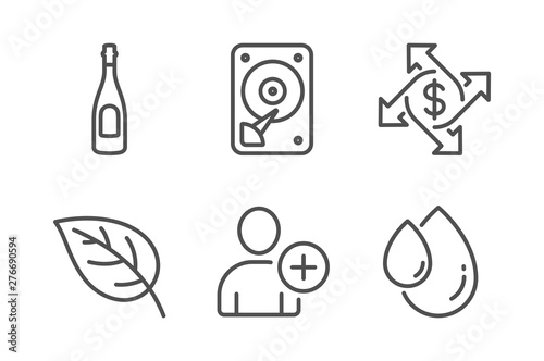 Payment exchange, Add user and Hdd icons simple set. Leaf, Champagne and Oil drop signs. Money transfer, Profile settings. Business set. Line payment exchange icon. Editable stroke. Vector