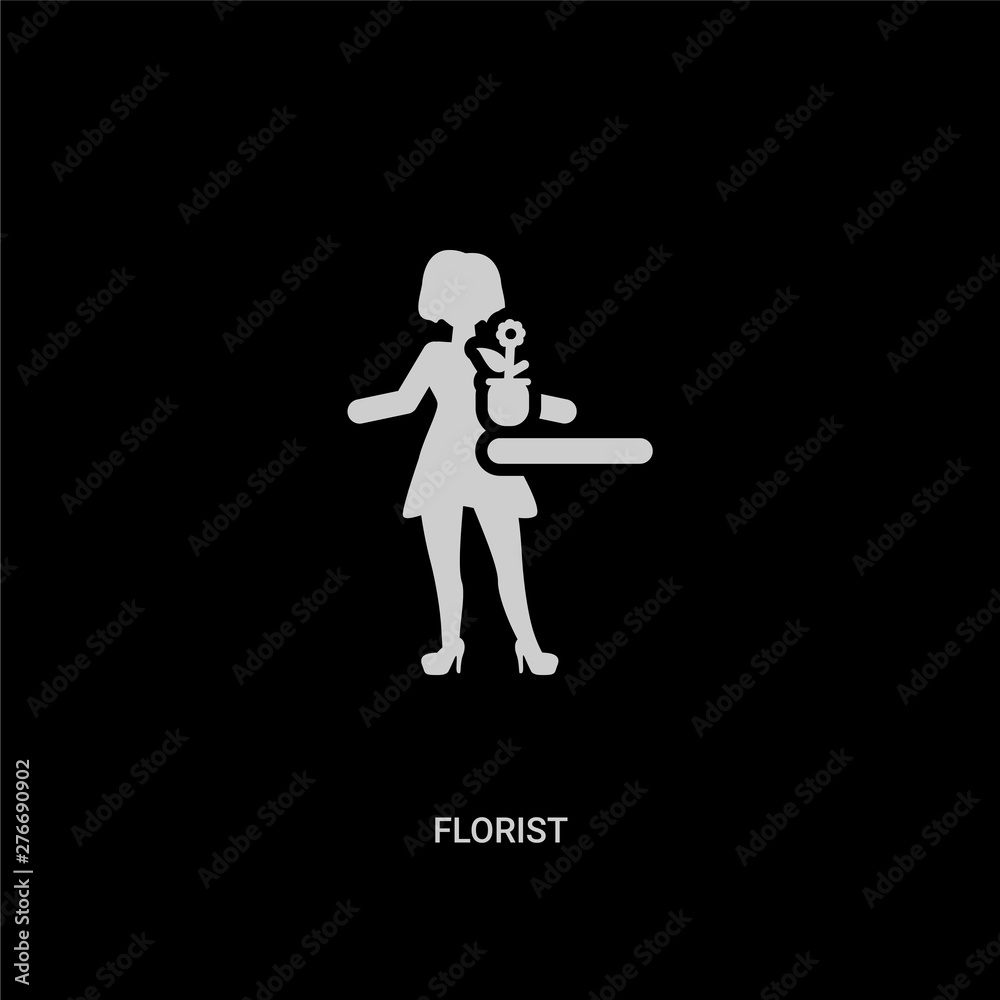 white florist vector icon on black background. modern flat florist from professions and jobs concept vector sign symbol can be use for web, mobile and logo. white florist vector icon on black background. modern flat florist from professions and jobs concept vector sign symbol can be use for web, mobile and logo.