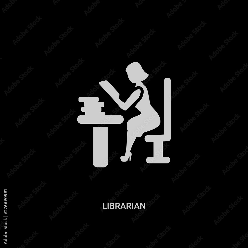 white librarian vector icon on black background. modern flat librarian from professions and jobs concept vector sign symbol can be use for web, mobile and logo. white librarian vector icon on black background. modern flat librarian from professions and jobs concept vector sign symbol can be use for web, mobile and logo.
