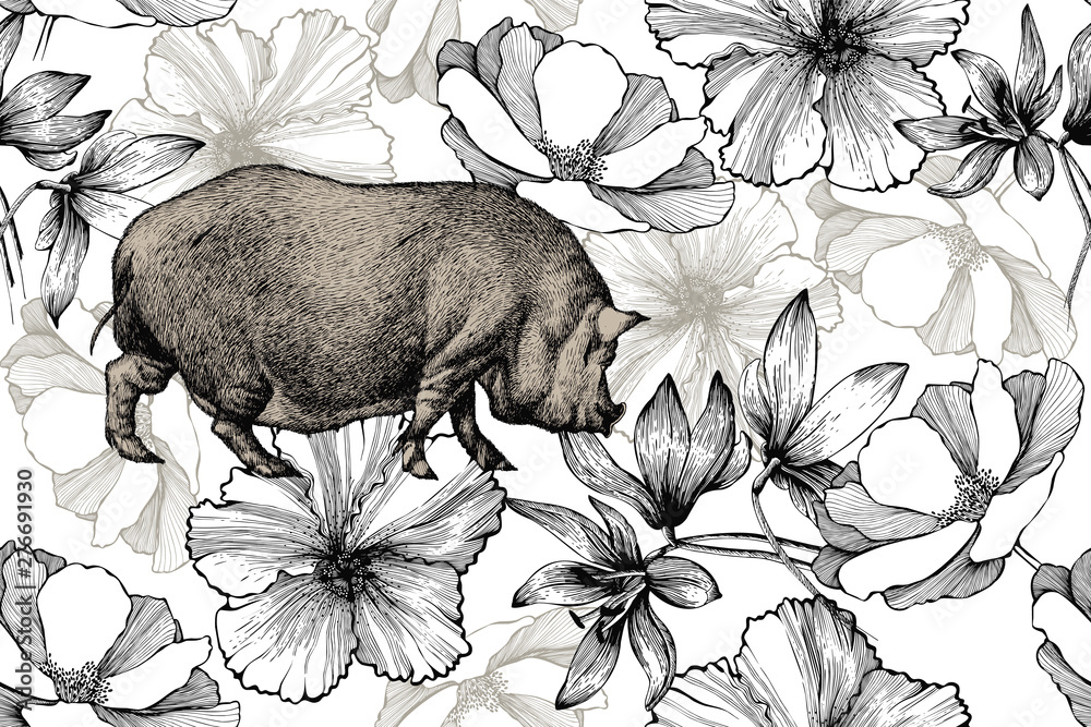 custom made wallpaper toronto digitalPig with roses, snowdrops and hibiscus, seamless pattern. Hand-drawn, vector illustration.