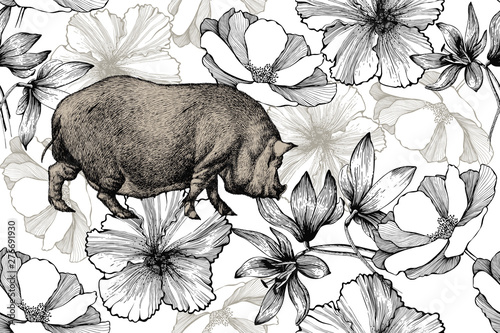 Wallpaper Mural Pig with roses, snowdrops and hibiscus, seamless pattern. Hand-drawn, vector illustration. Torontodigital.ca