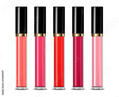 Lip gloss set Vector realistic. 3d detailed cosmetics tubes colorful collections