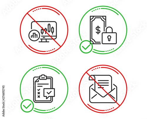 Do or Stop. Private payment, Checklist and Candlestick chart icons simple set. Mail newsletter sign. Secure finance, Survey, Report analysis. Open e-mail. Education set. Line private payment do icon