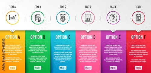 Best rank, Internet report and Certificate icons simple set. Question mark, Chart and Checklist signs. Success medal, Web tutorial. Education set. Infographic template. 6 steps timeline. Vector