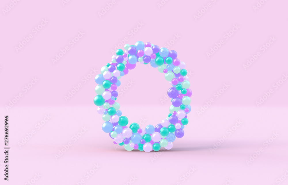 Sweet candy balls letter O. 3D render glossy font on isolated background.