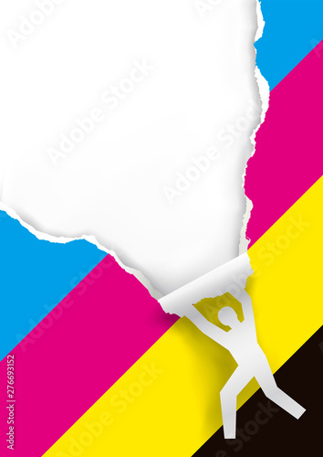Color printing promotion background. Hanging Male silhouette ripped paper background with  print colors. Place for your text or image. Vector available.