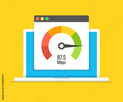 Laptop with speed test on the screen. Vector illustration.