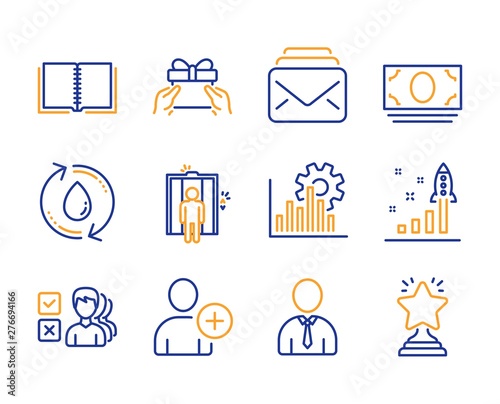 Opinion, Human and Cash money icons simple set. Mail, Book and Development plan signs. Seo graph, Refill water and Add user symbols. Elevator, Give present and Winner. Line opinion icon. Colorful set
