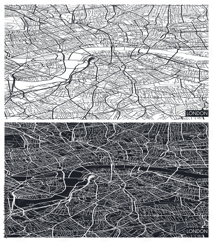Aerial top view city map London, black and white detailed plan, urban