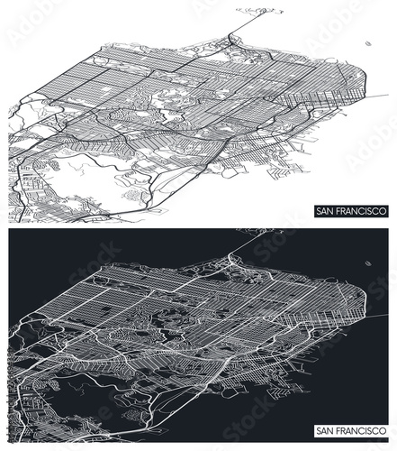 Aerial top view city map San Francisco, black and white detailed plan, urban grid in perspective, vector illustration