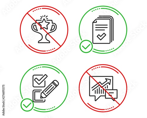 Do or Stop. Checkbox, Victory and Handout icons simple set. Accounting sign. Survey choice, Championship prize, Documents example. Supply and demand. Education set. Line checkbox do icon. Vector