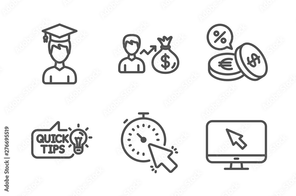 Education idea, Student and Currency exchange icons simple set. Timer, Sallary and Internet signs. Quick tips, Graduation cap. Business set. Line education idea icon. Editable stroke. Vector Education idea, Student and Currency exchange icons simple set. Timer, Sallary and Internet signs. Quick tips, Graduation cap. Business set. Line education idea icon. Editable stroke. Vector