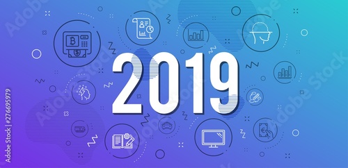 Infographic concept. Monitor, Face scanning and Keywords icons simple set. Graph chart, Bitcoin atm and Report diagram signs. Engineering documentation, Taxi and Report symbols. 2019 year. Vector
